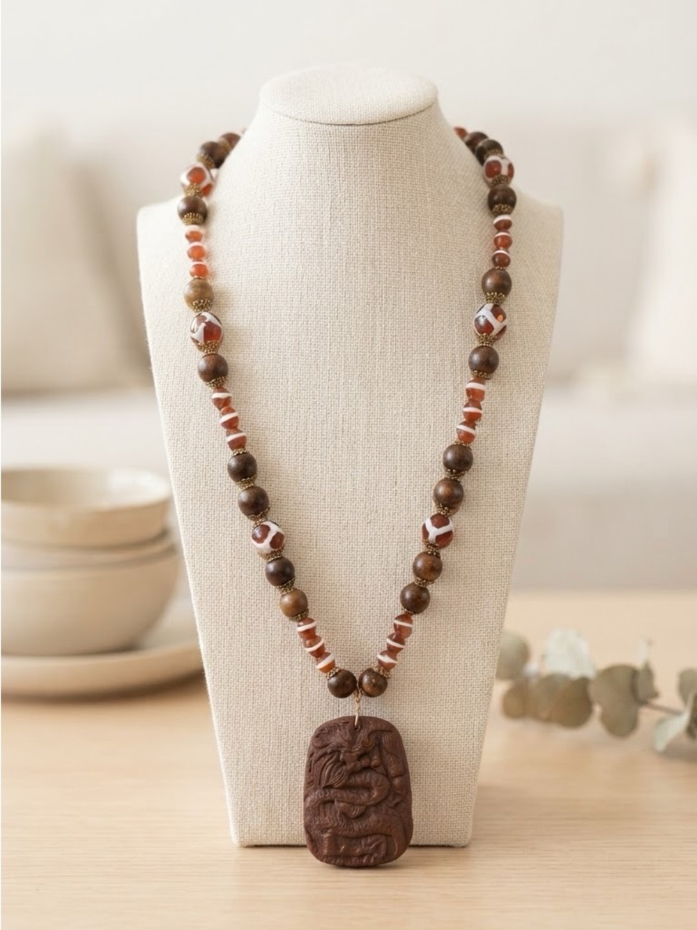 Handmade Banded Agate, Wood and Gold Tone set with Carved Dragon Pendant in Wood - Picture 2 of 3
